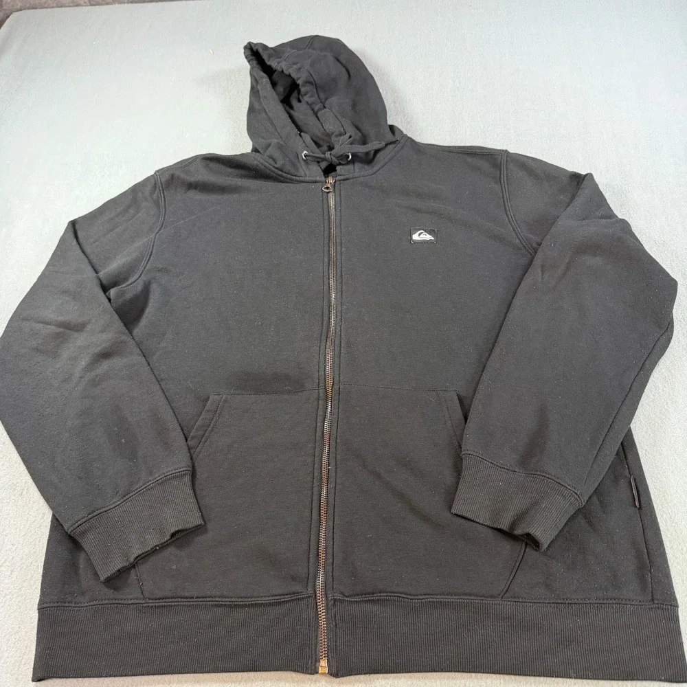 Quiksilver Mens Full Zip‎ Hoodie Black Fleece Logo Sweatshirt Large